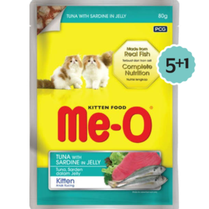 Me-o Kitten Tuna n Sardine In Jelly 80g Pack Of 5 + Get 1 Pouch Free